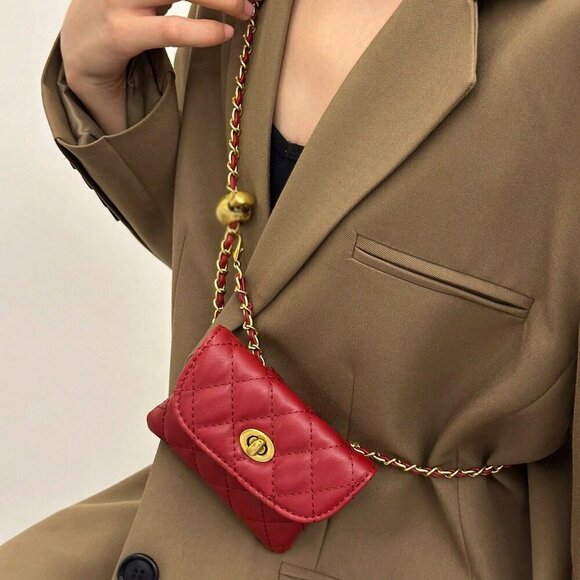 Burgundy Fashionable Women's Faux Diamond Embroidered Chain Mini Shoulder Bag - Picture 2 of 5